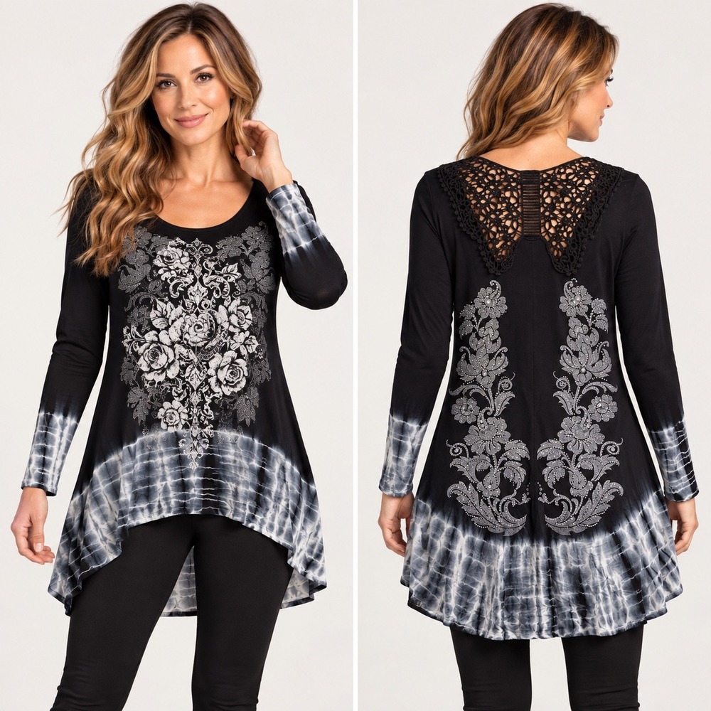 Vocal Tunic Top Women Small Black Rhinestone Crochet Back Tie Dye High Low Hem